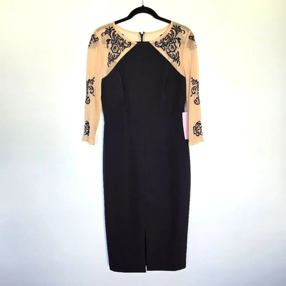 JS Collection Women's Cocktail Dress 8 Black Nude Embroidered Wedding‎ Classic - Picture 1 of 16